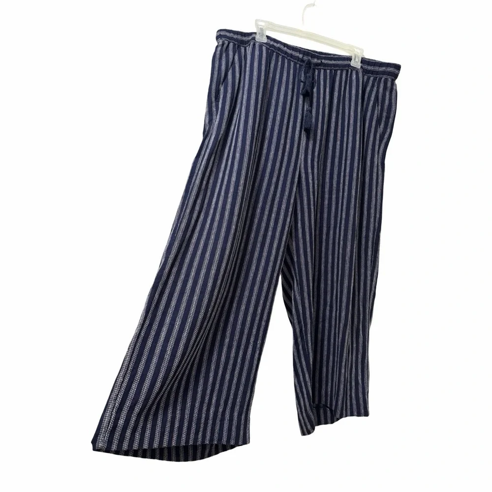 Banana Republic Womens Wide Leg Crop Linen Blend Pants Size XL Navy Stripe Beach